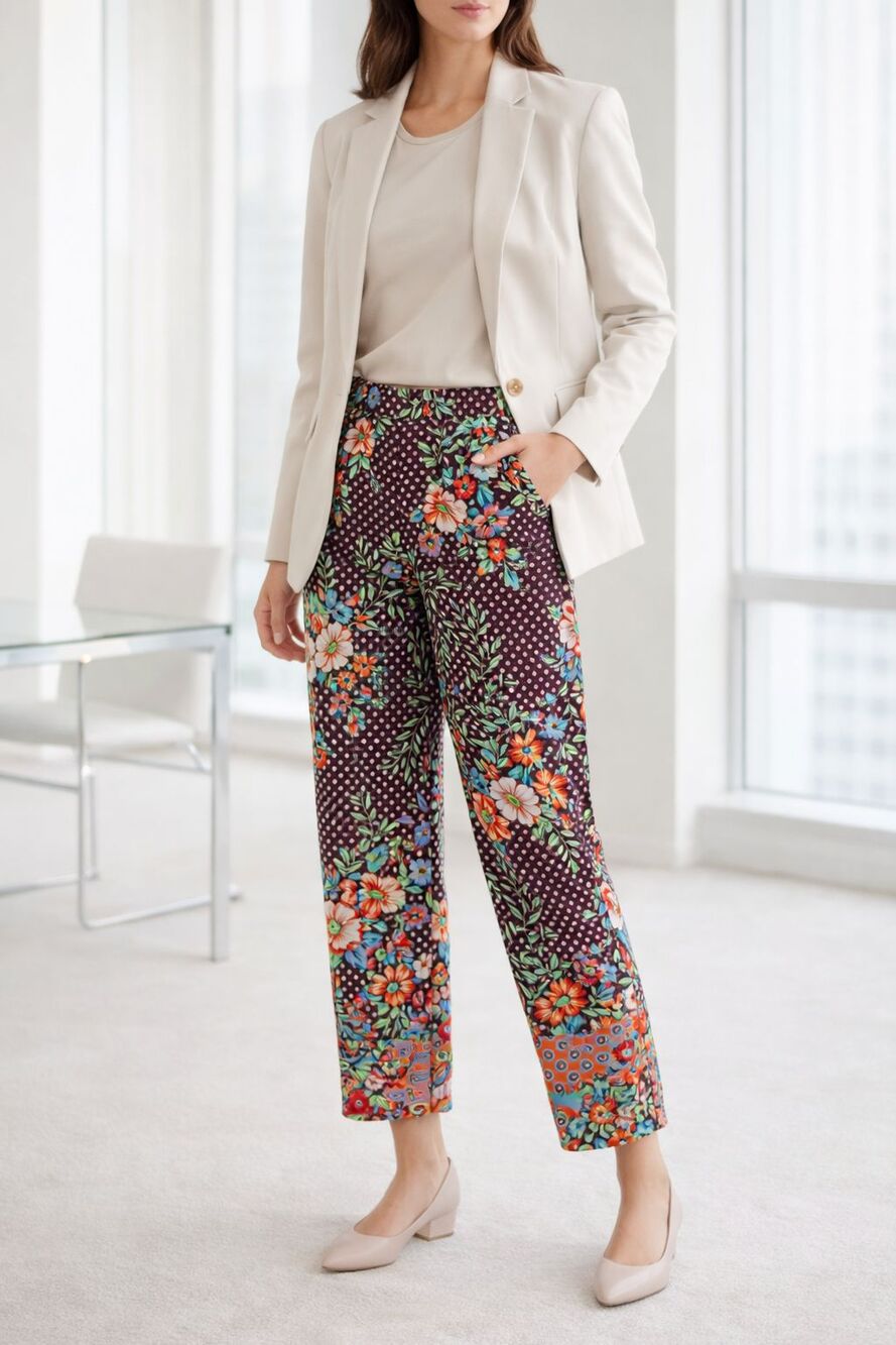 Chico’s Floral Print Pull-On Ankle Pants Burgundy Multicolor Stretch Pockets 12R